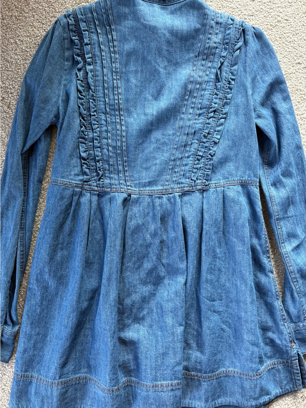 Free People Denim Chambray Smocked Ruffle Button Up Mini Dress small EUC - Picture 5 of 6